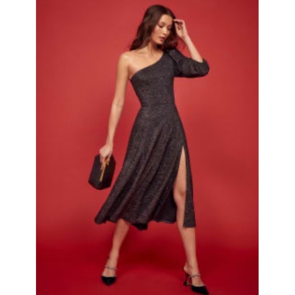 Reformation Santos Dress Black Shimmer‎ One Shoulder  Midi Size Small NWT